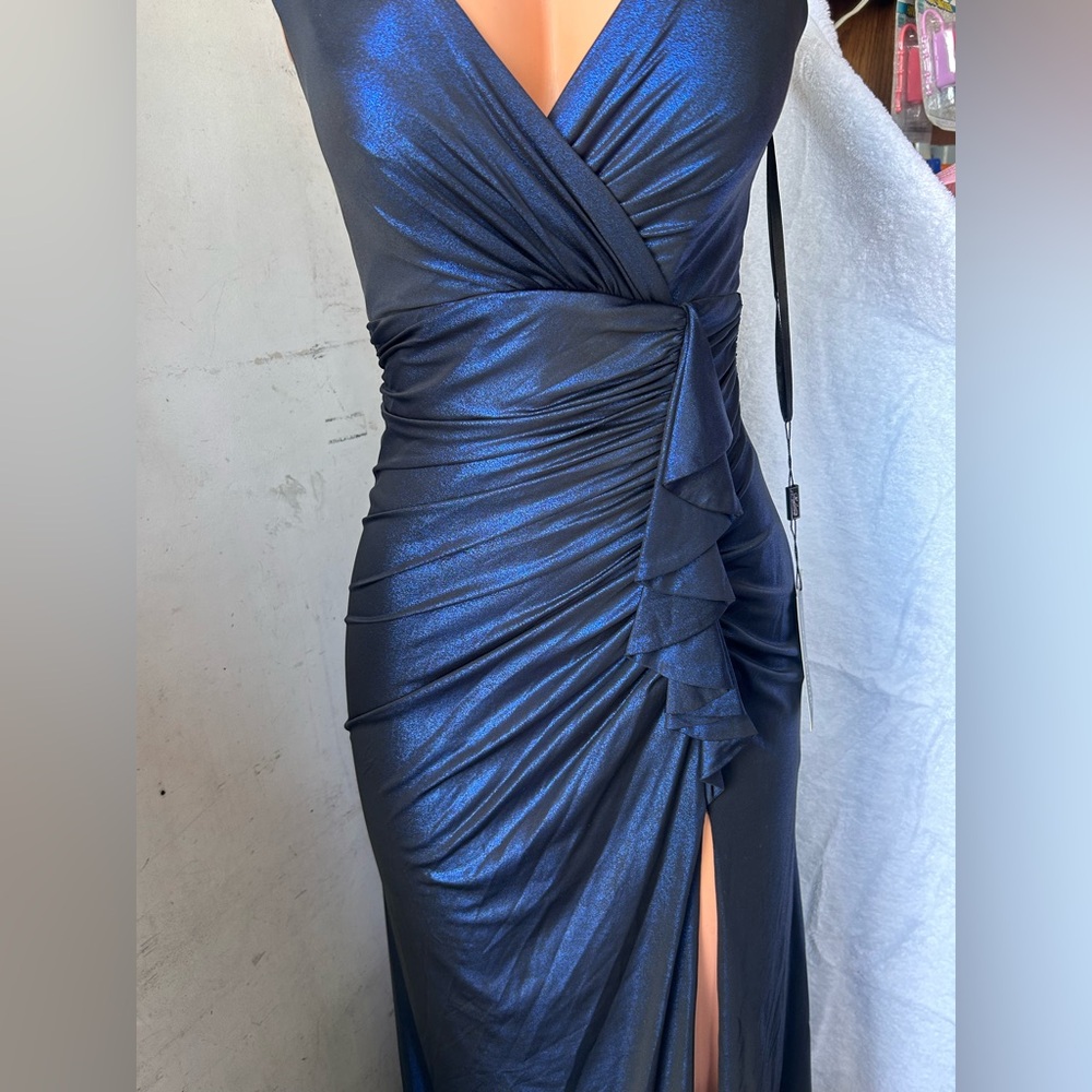 Metallic Navy Ruched Side-Slit Evening Dress - Picture 5 of 5